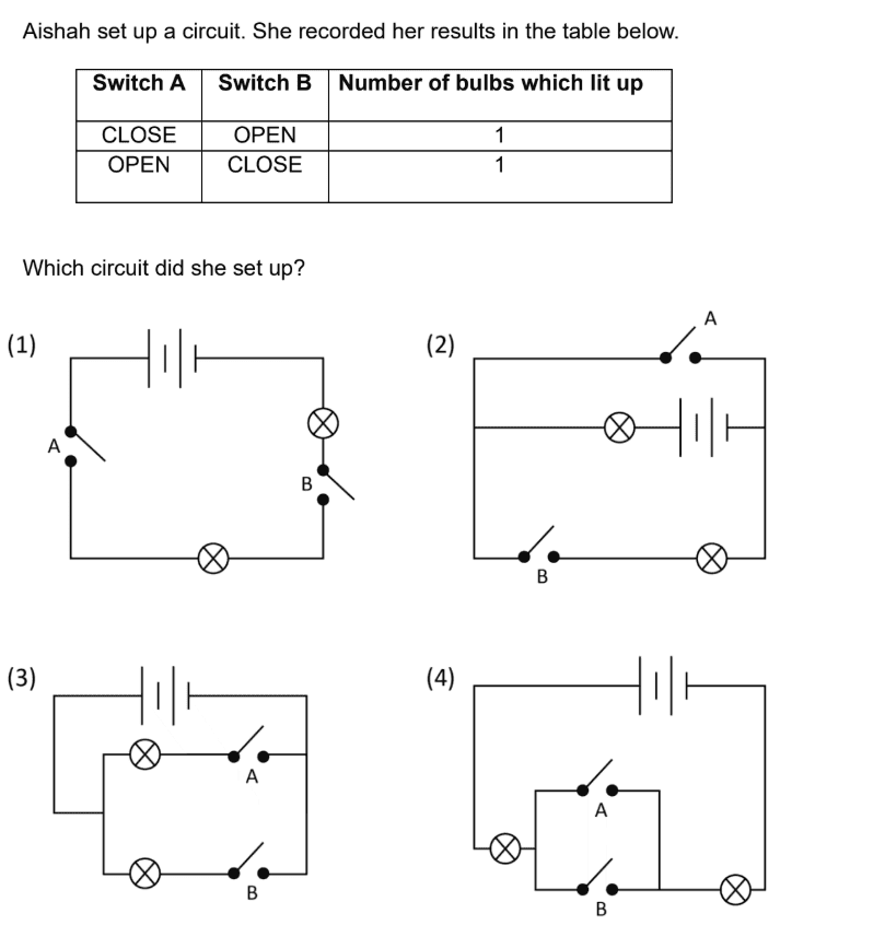 electric circuit switches table question option 3 explained Primary 5