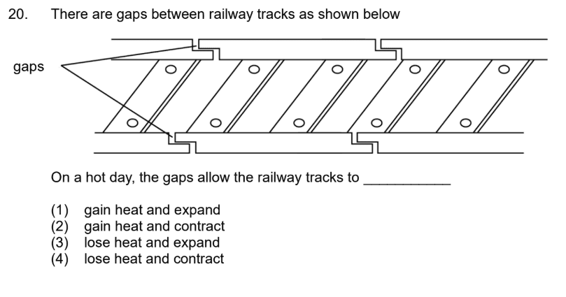 railway track gaps P5 Science question explained with gain heat and expand as the correct answer