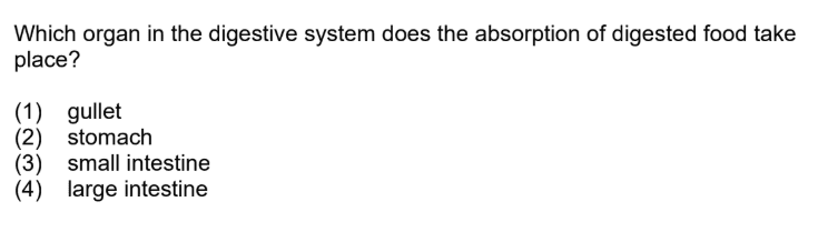 small intestine absorption P5 Science question explained with small intestine as the correct answer