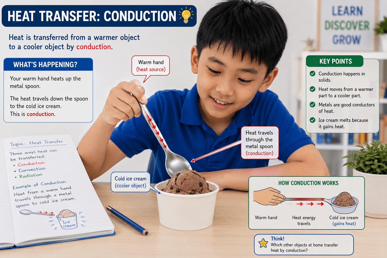 heat transfer PSLE Science explanation showing conduction from a metal spoon to ice cream