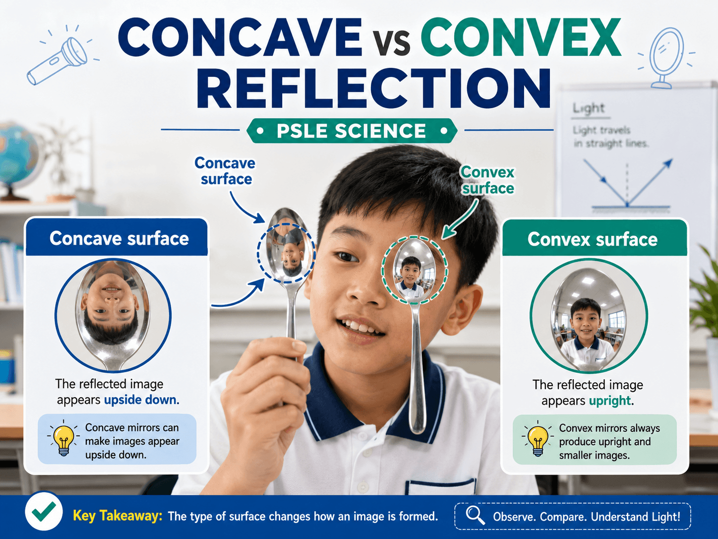 concave convex reflection PSLE Science explanation using a spoon showing upright and upside down images