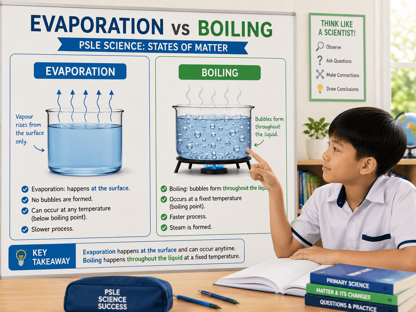 evaporation boiling PSLE Science explanation showing surface evaporation and boiling with bubbles
