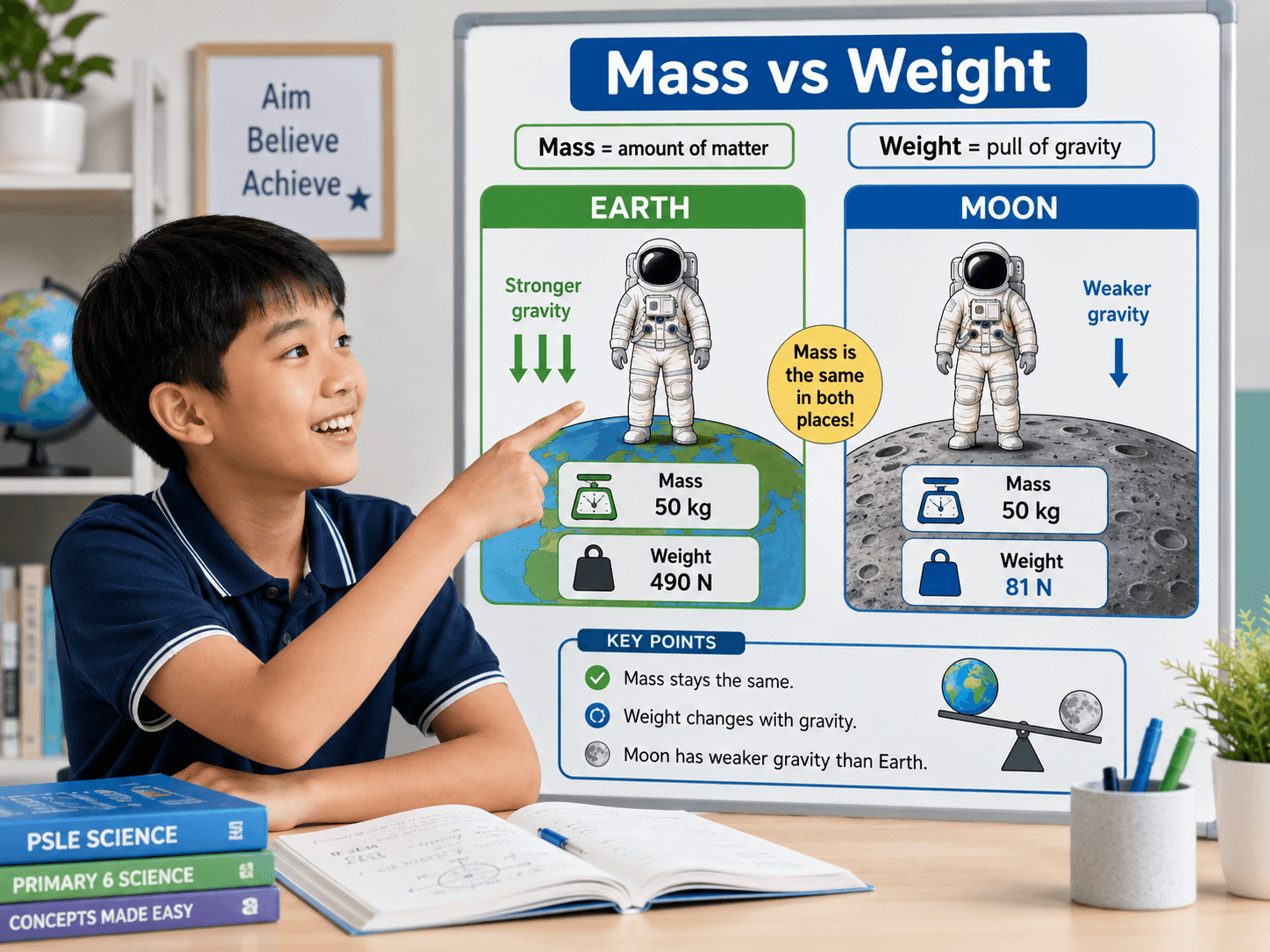 mass vs weight PSLE Science explanation showing astronaut on Earth and Moon
