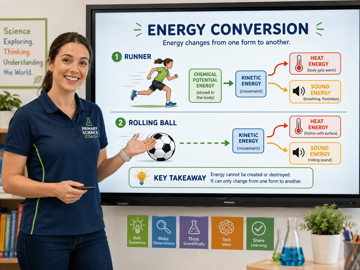 energy conversion in Primary Science showing chemical potential energy changing into kinetic heat and sound energy
