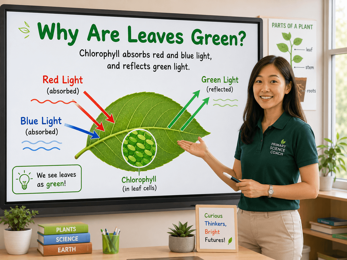 green leaves explanation showing chlorophyll absorbing red and blue light and reflecting green light